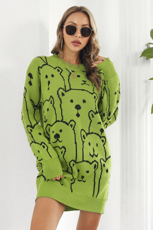 Bear Pattern Round Neck Sweater Dress - Cozy, Cute & Perfect for the Season