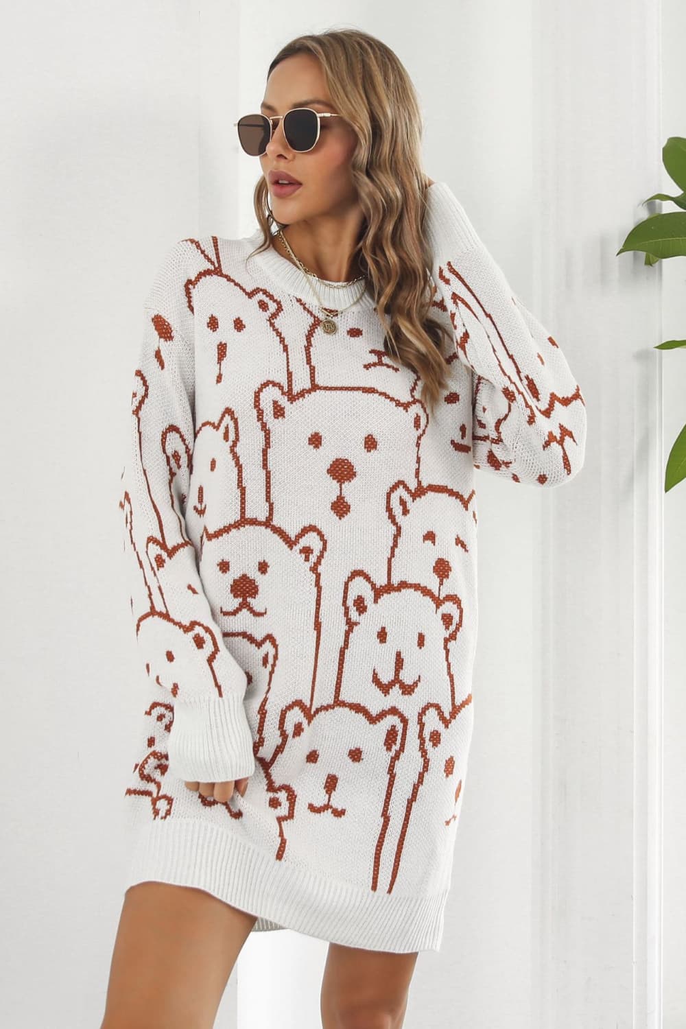 Bear Pattern Round Neck Sweater Dress - Cozy, Cute & Perfect for the Season