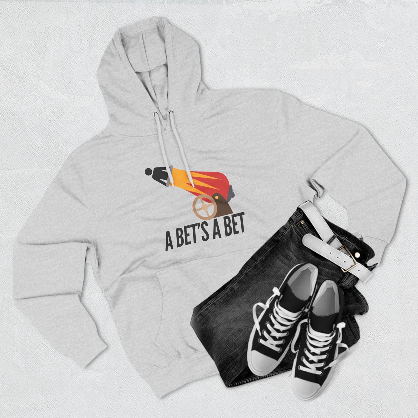 Adult Fleece Hoodie  - "A Bet's a Bet" - Stick Figure Cannon Launch Graphic Sweatshirt