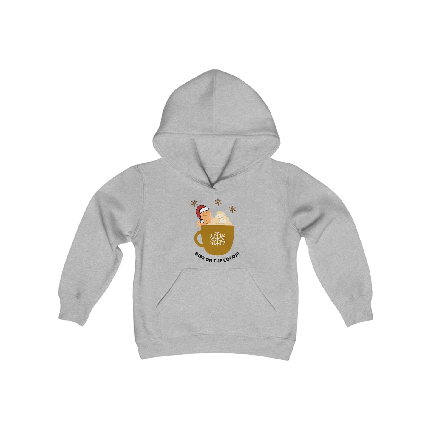 Youth Heavy Blend Hooded Sweatshirt -"DIBS On The Hot Cocoa" - Gingerbread Cocoa Cravings Edition