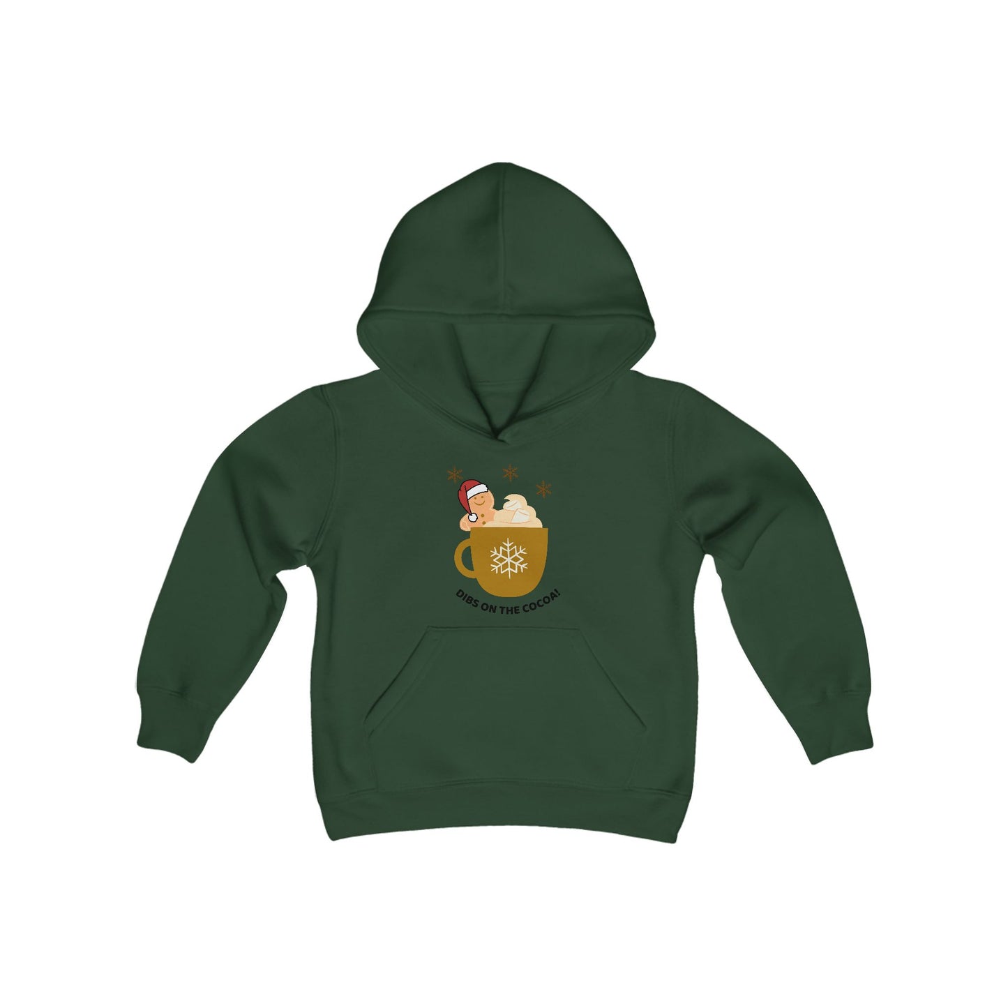 Youth Heavy Blend Hooded Sweatshirt -"DIBS On The Hot Cocoa" - Gingerbread Cocoa Cravings Edition