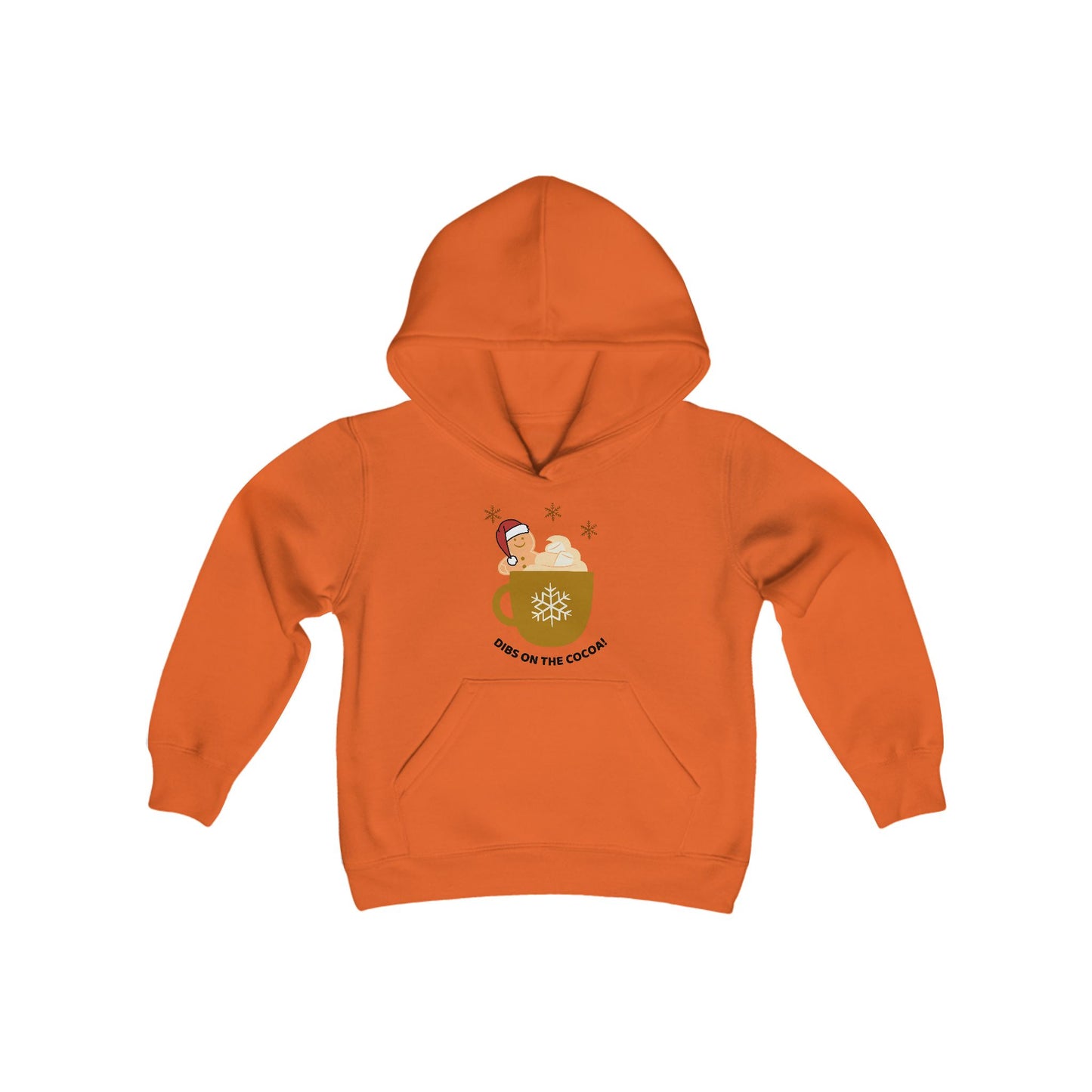 Youth Heavy Blend Hooded Sweatshirt -"DIBS On The Hot Cocoa" - Gingerbread Cocoa Cravings Edition