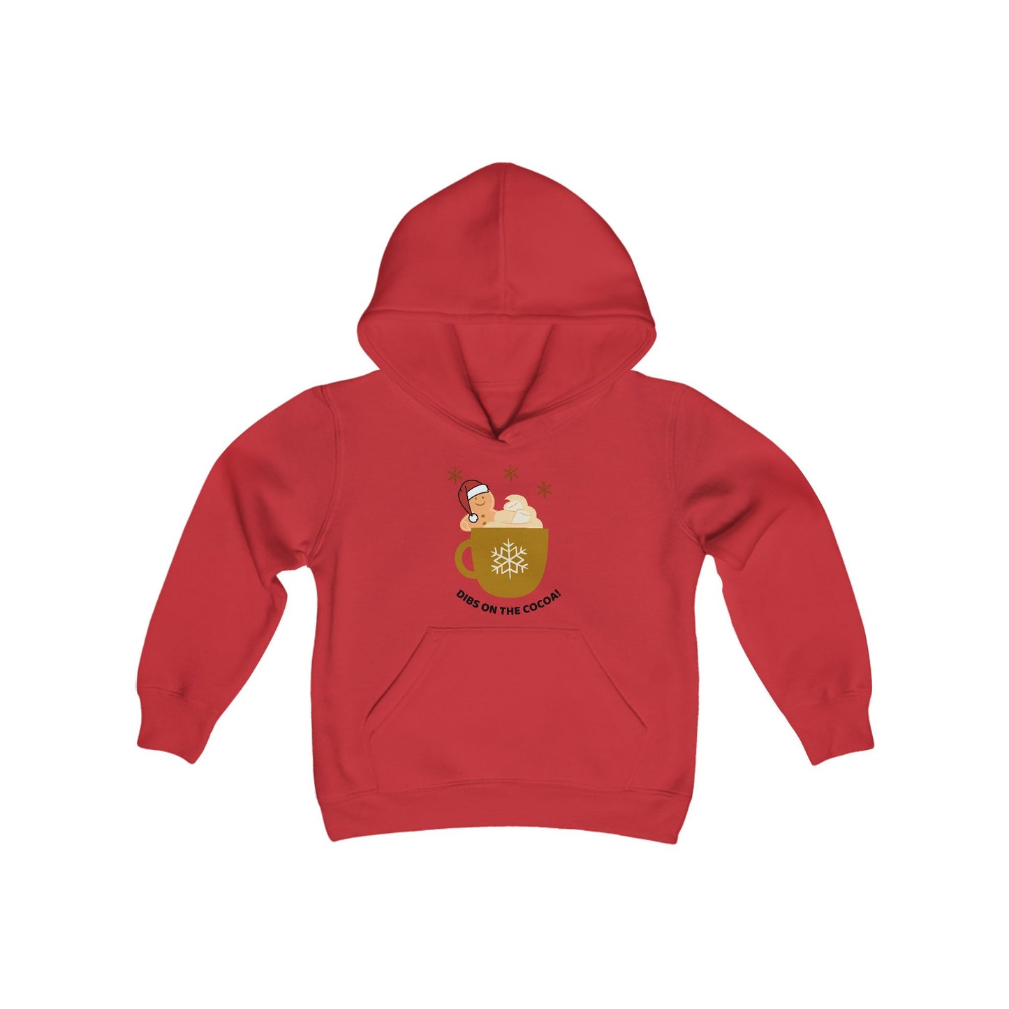 Youth Heavy Blend Hooded Sweatshirt -"DIBS On The Hot Cocoa" - Gingerbread Cocoa Cravings Edition