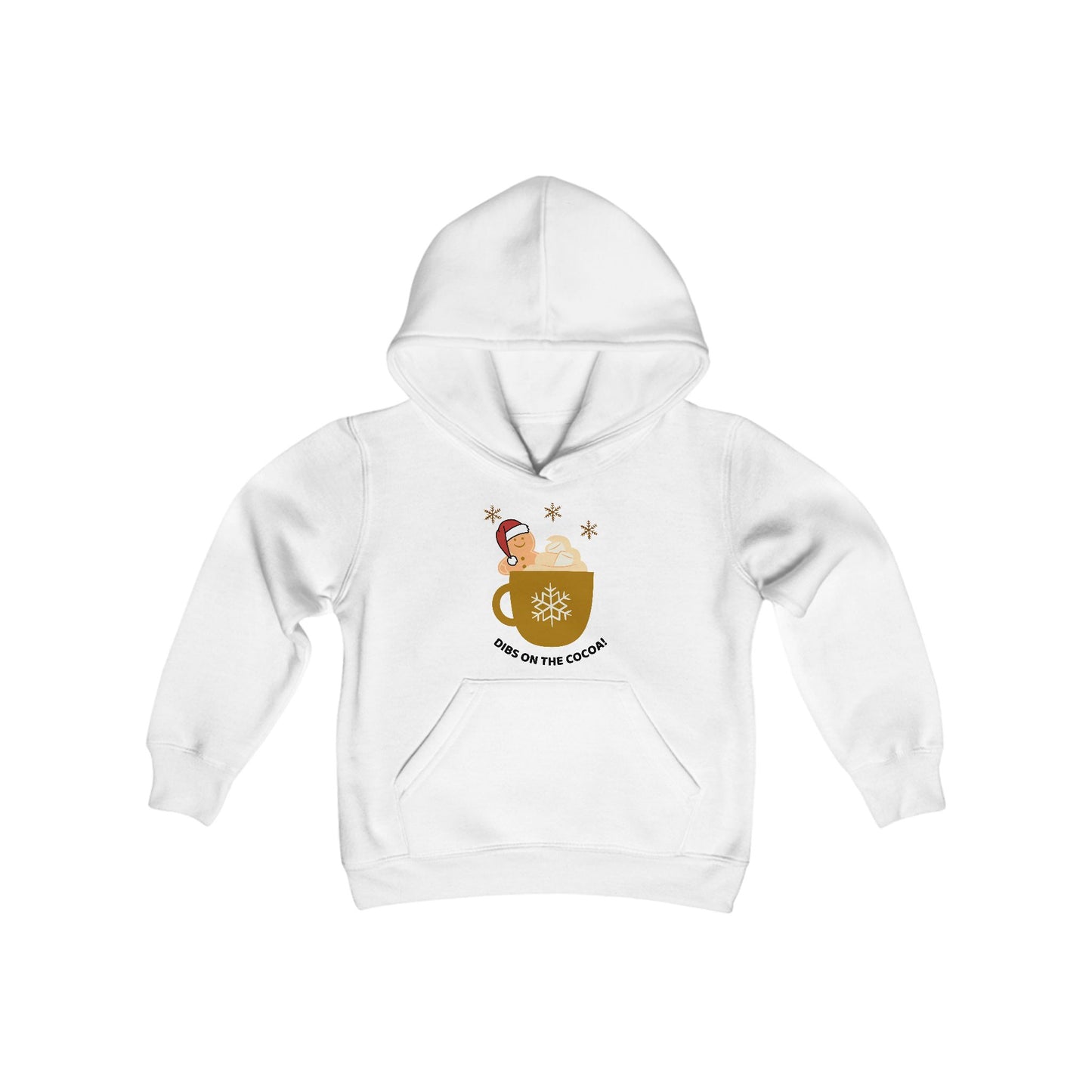 Youth Heavy Blend Hooded Sweatshirt -"DIBS On The Hot Cocoa" - Gingerbread Cocoa Cravings Edition