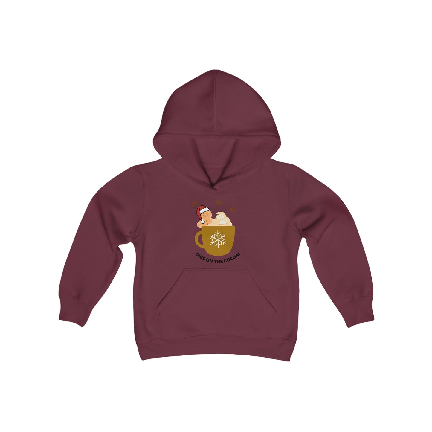 Youth Heavy Blend Hooded Sweatshirt -"DIBS On The Hot Cocoa" - Gingerbread Cocoa Cravings Edition