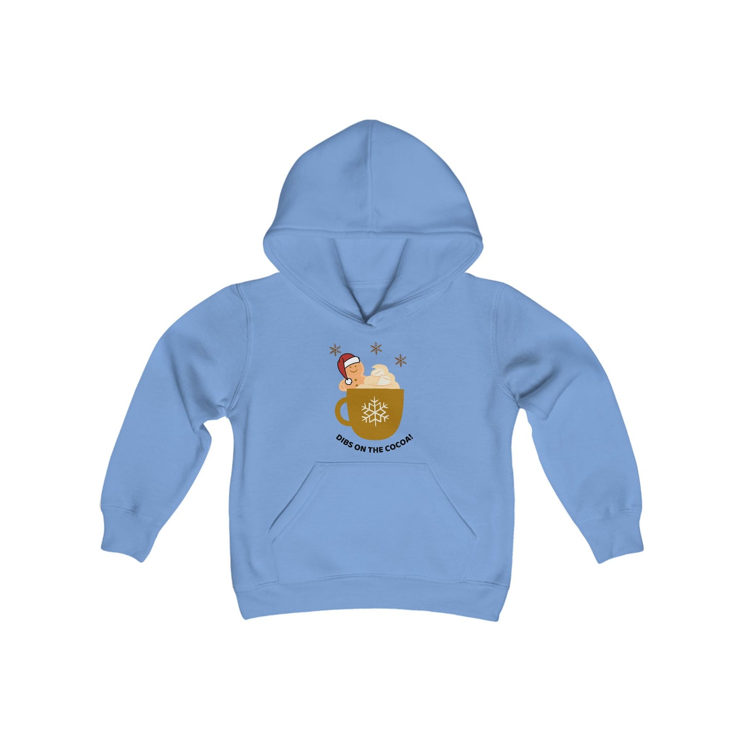 Youth Heavy Blend Hooded Sweatshirt -"DIBS On The Hot Cocoa" - Gingerbread Cocoa Cravings Edition