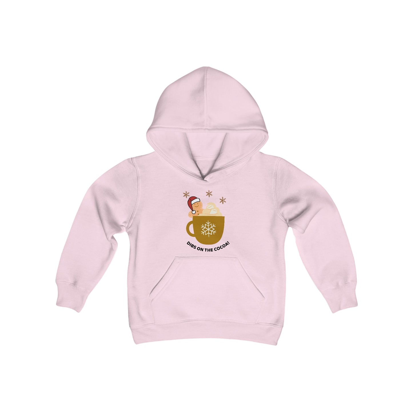 Youth Heavy Blend Hooded Sweatshirt -"DIBS On The Hot Cocoa" - Gingerbread Cocoa Cravings Edition