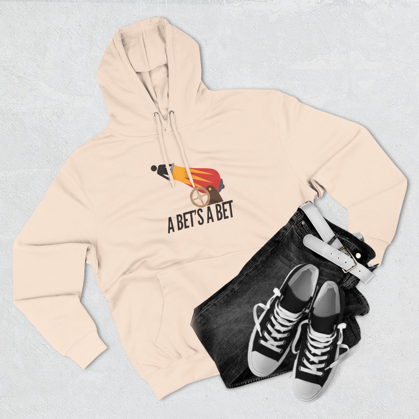 Adult Fleece Hoodie  - "A Bet's a Bet" - Stick Figure Cannon Launch Graphic Sweatshirt