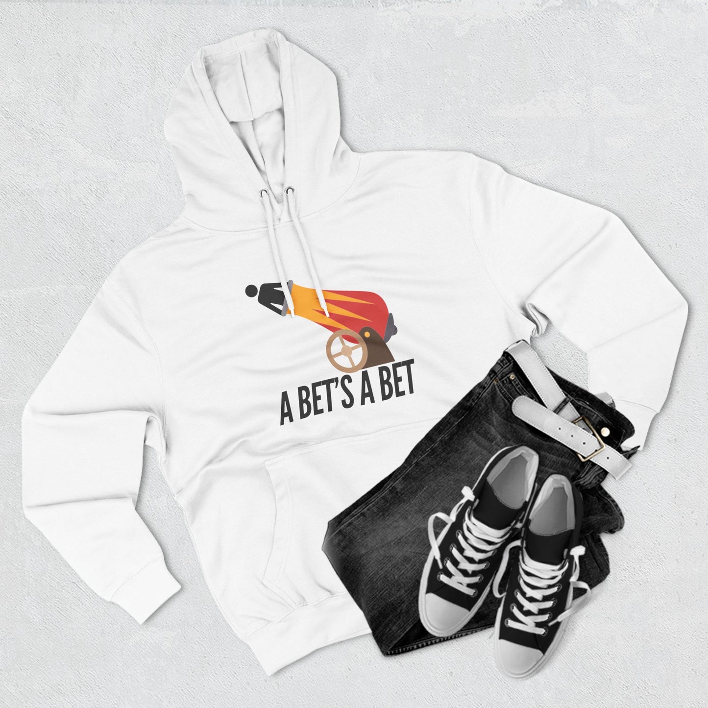 Adult Fleece Hoodie  - "A Bet's a Bet" - Stick Figure Cannon Launch Graphic Sweatshirt