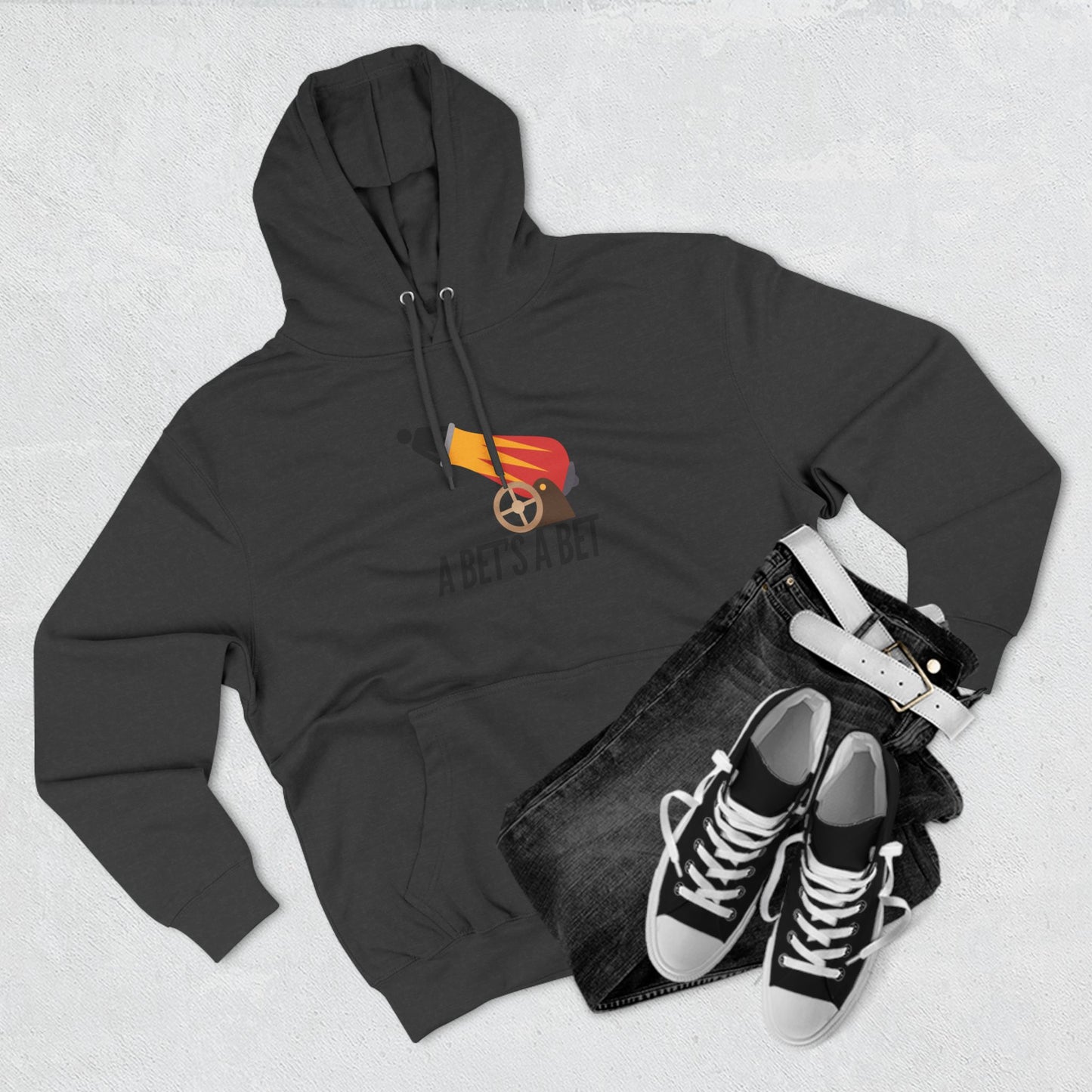 Adult Fleece Hoodie  - "A Bet's a Bet" - Stick Figure Cannon Launch Graphic Sweatshirt