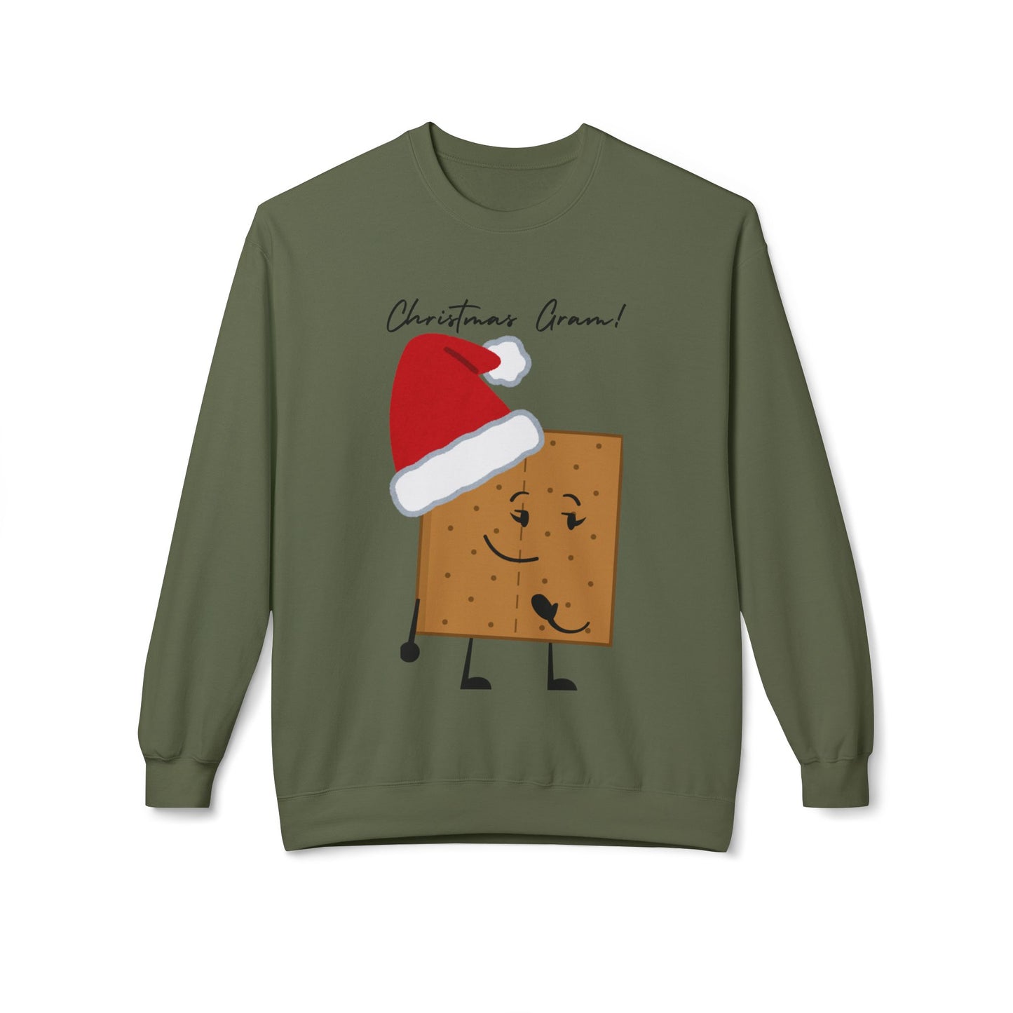 For The Gram - Adult Fleece Crewneck Sweatshirt - "Christmas Gram!" - Funny Graham Cracker Sweatshirt with Santa Hat