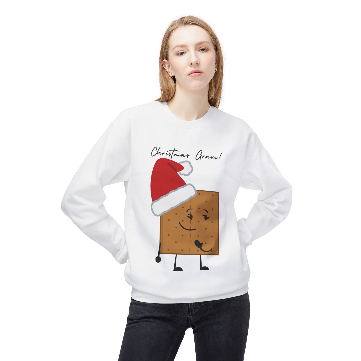 For The Gram - Adult Fleece Crewneck Sweatshirt - "Christmas Gram!" - Funny Graham Cracker Sweatshirt with Santa Hat