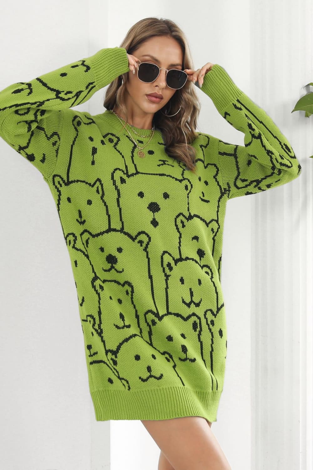 Bear Pattern Round Neck Sweater Dress - Cozy, Cute & Perfect for the Season