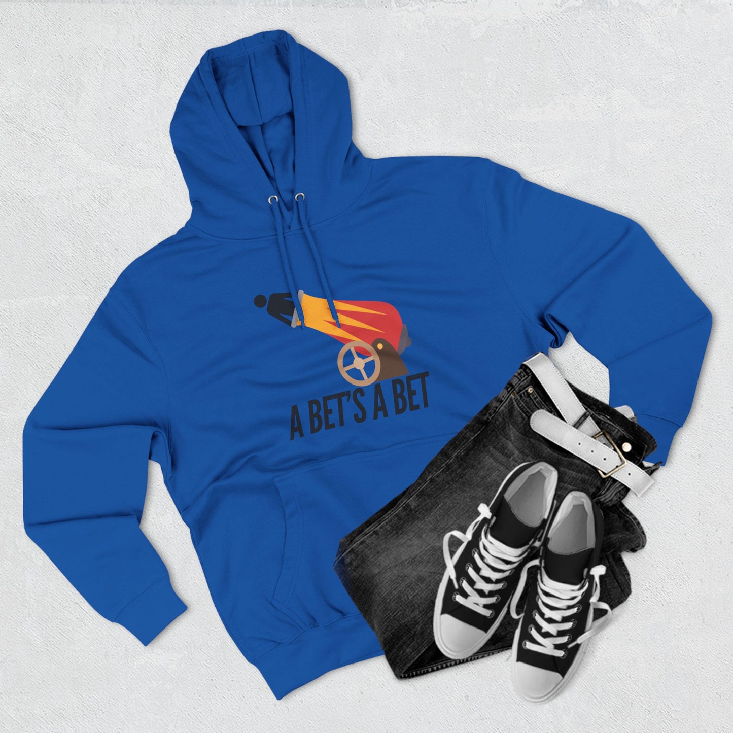 Adult Fleece Hoodie  - "A Bet's a Bet" - Stick Figure Cannon Launch Graphic Sweatshirt