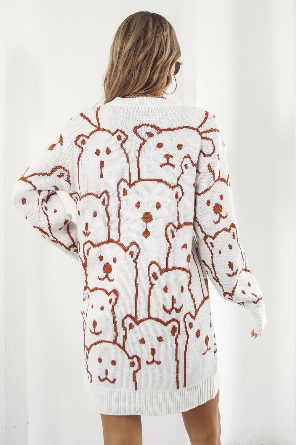 Bear Pattern Round Neck Sweater Dress - Cozy, Cute & Perfect for the Season