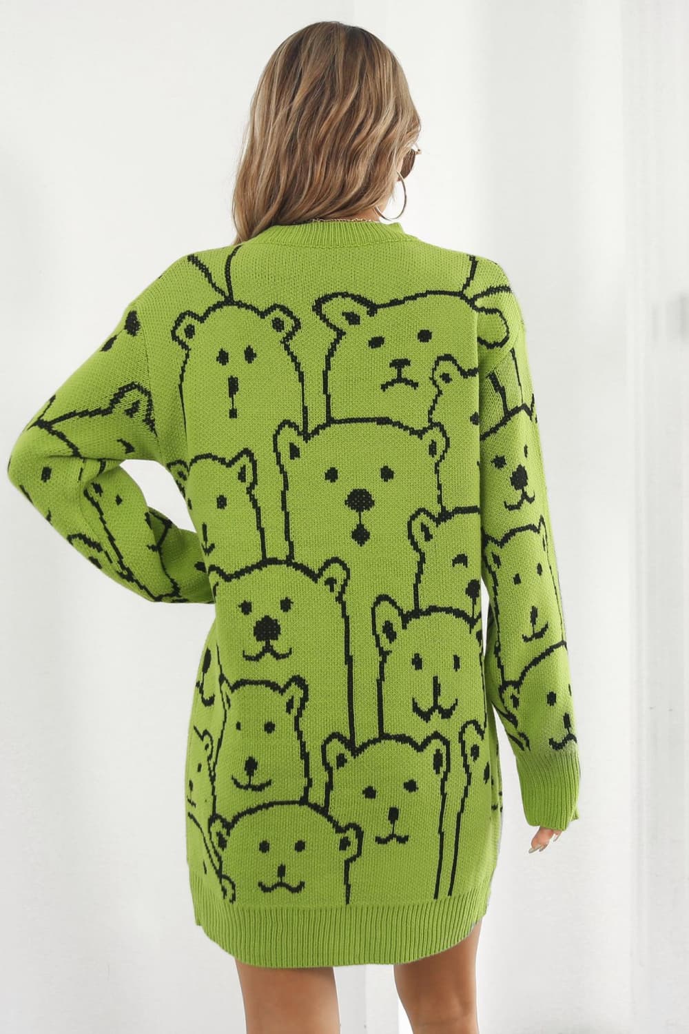 Bear Pattern Round Neck Sweater Dress - Cozy, Cute & Perfect for the Season