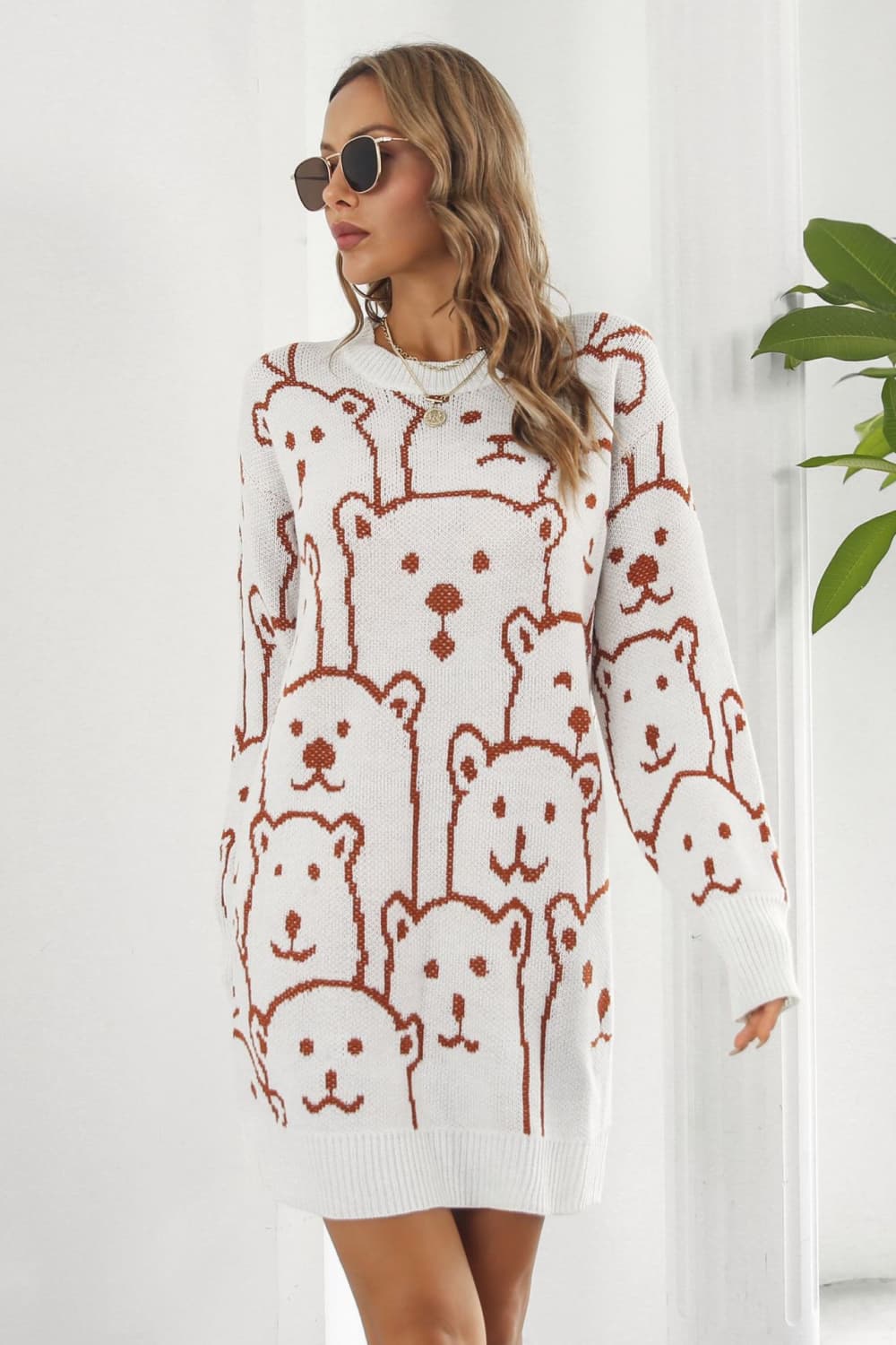 Bear Pattern Round Neck Sweater Dress - Cozy, Cute & Perfect for the Season