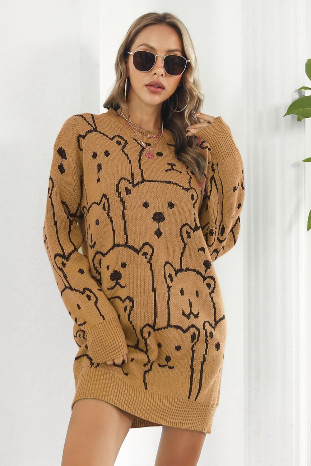 Bear Pattern Round Neck Sweater Dress - Cozy, Cute & Perfect for the Season