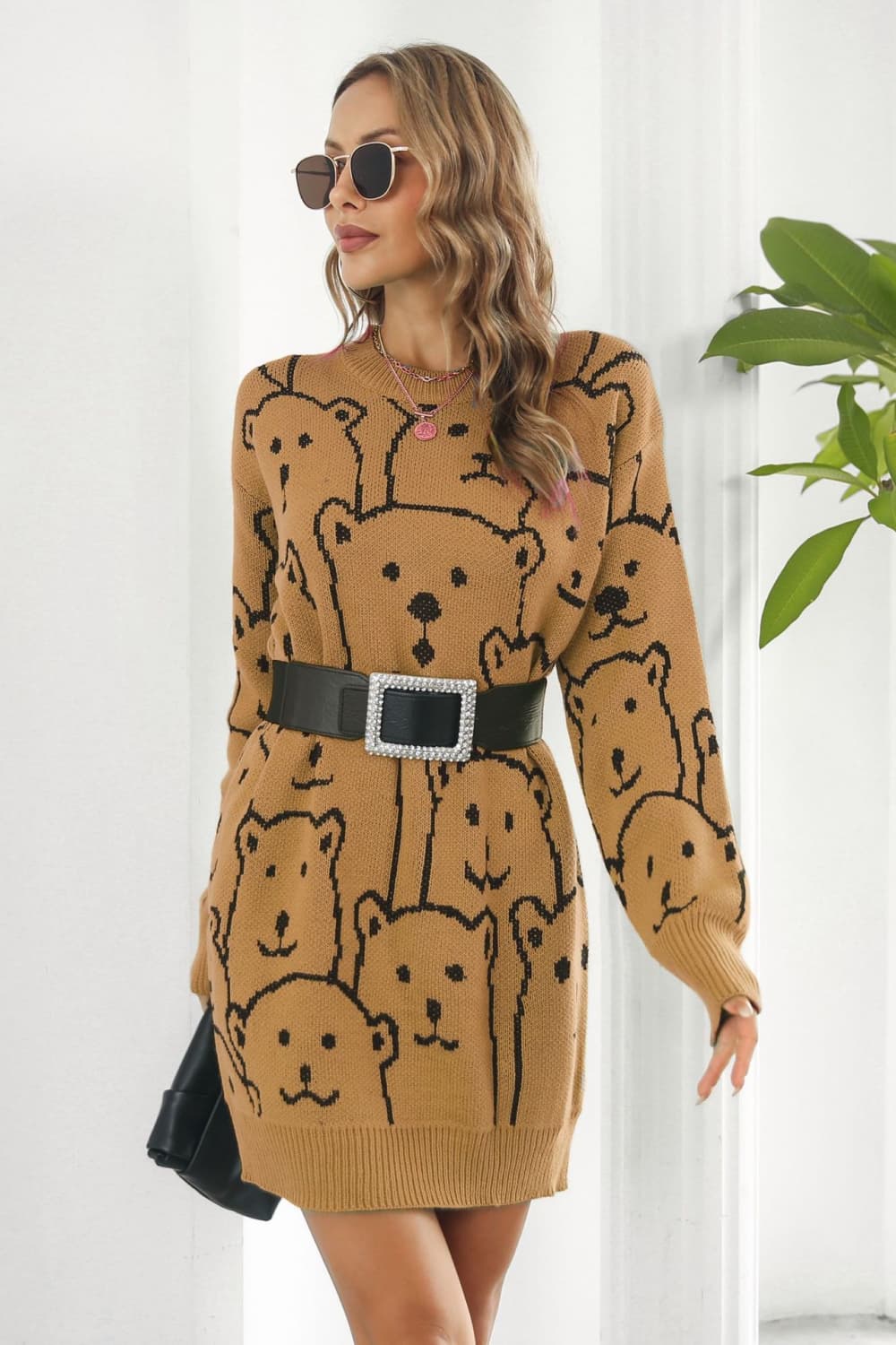 Bear Pattern Round Neck Sweater Dress - Cozy, Cute & Perfect for the Season