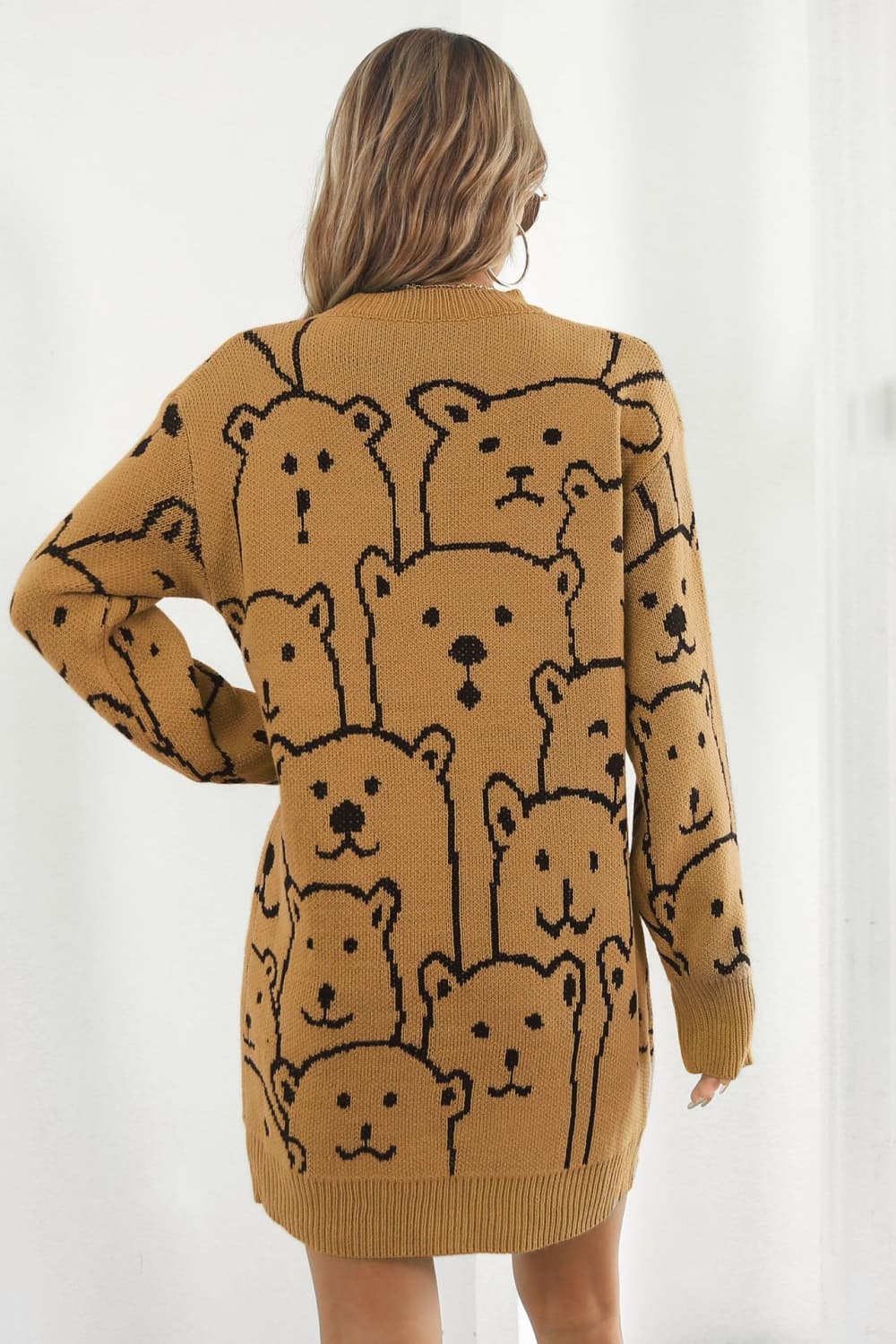 Bear Pattern Round Neck Sweater Dress - Cozy, Cute & Perfect for the Season