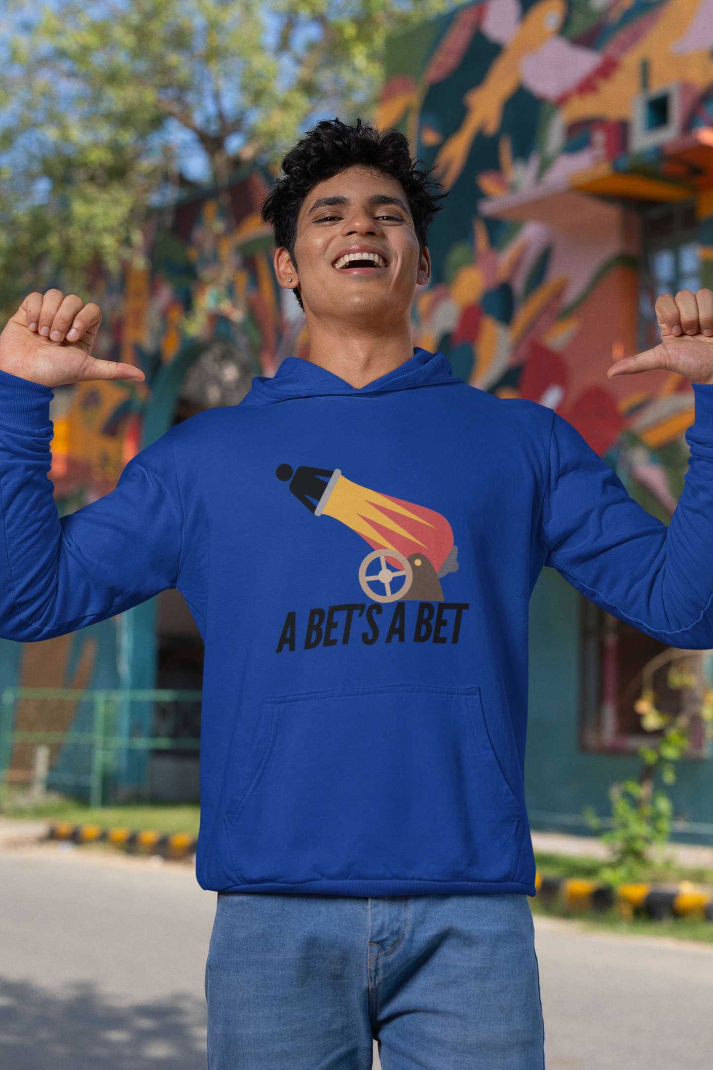 Adult Fleece Hoodie  - "A Bet's a Bet" - Stick Figure Cannon Launch Graphic Sweatshirt