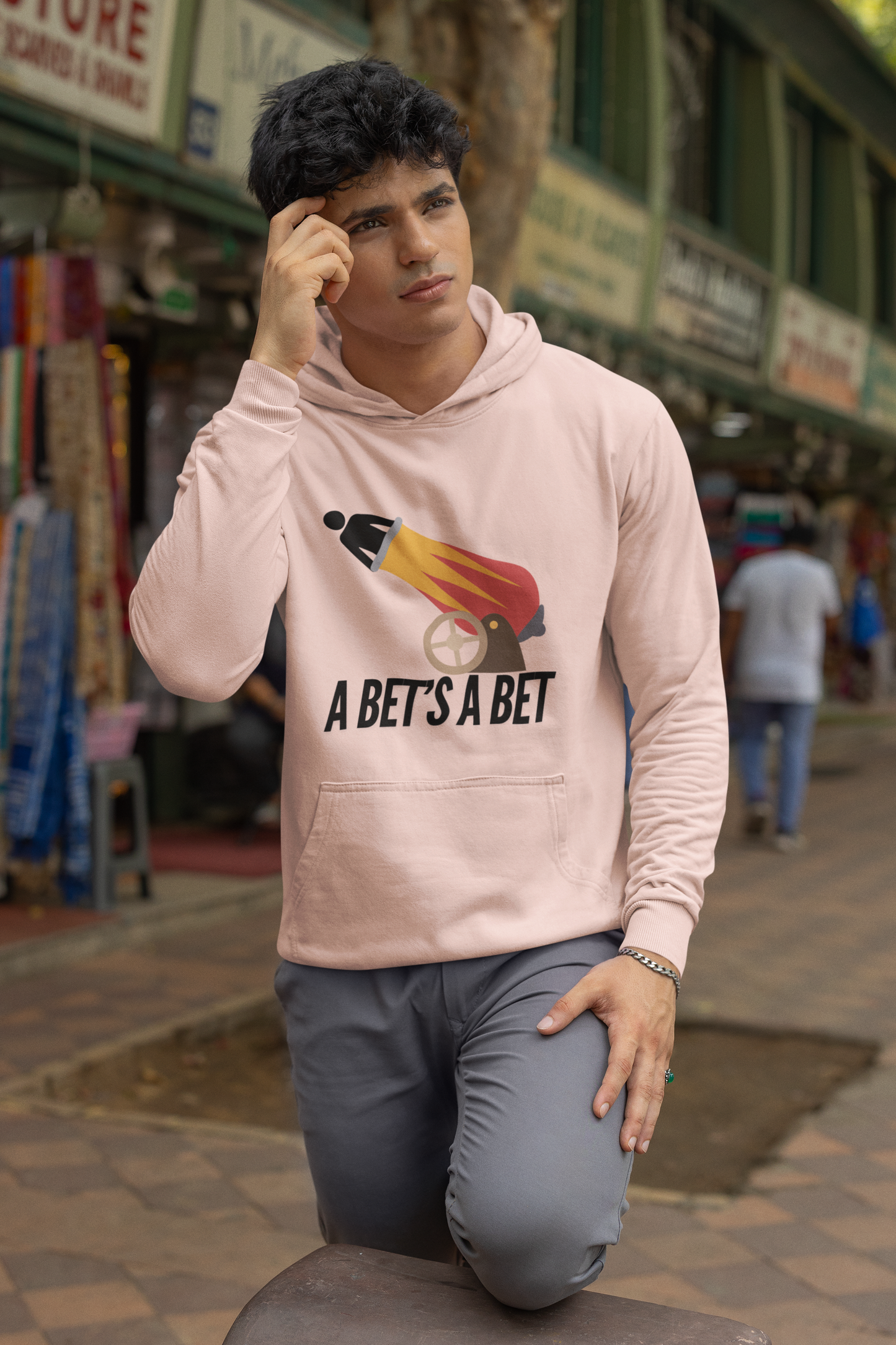 Adult Fleece Hoodie  - "A Bet's a Bet" - Stick Figure Cannon Launch Graphic Sweatshirt