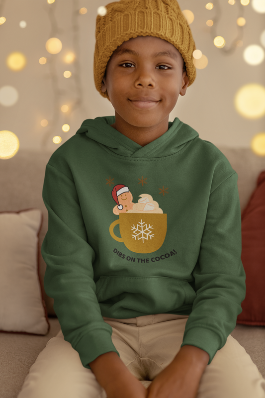 Youth Heavy Blend Hooded Sweatshirt -"DIBS On The Hot Cocoa" - Gingerbread Cocoa Cravings Edition