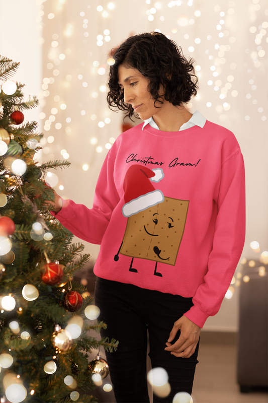 For The Gram - Adult Fleece Crewneck Sweatshirt - "Christmas Gram!" - Funny Graham Cracker Sweatshirt with Santa Hat